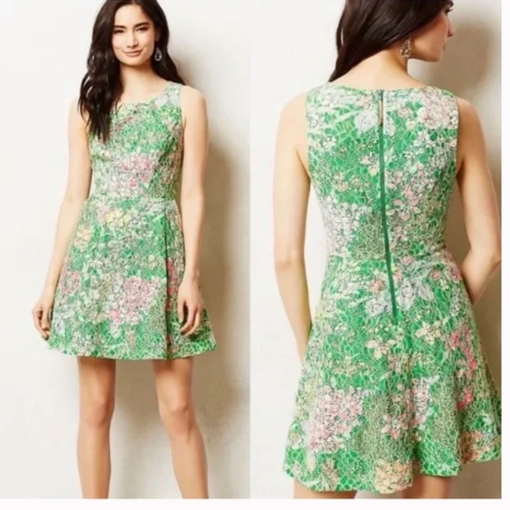 Anthropologie Maeve Floral Green And Pink Sequin Verbena dress